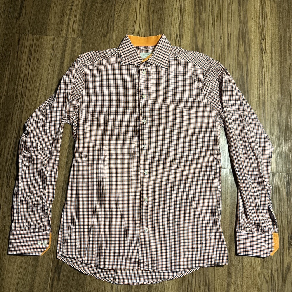 ETON Mens Slim Shirt Size 41 16 Orange Plaid Button Up Collared Long Sleeve